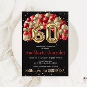 Editable Surprise birthday invitation in Spanish, Balloons Red and Gold 60th Birthday Invitation Template Spanish Birthday Invite Corjl AP28