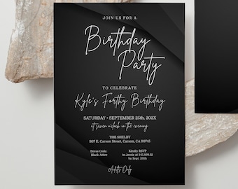 Editable 40th Birthday Invitation, Modern Black Birthday Invitation, for all Ages, White and Black Birthday Invitation Template Corjl - AP6