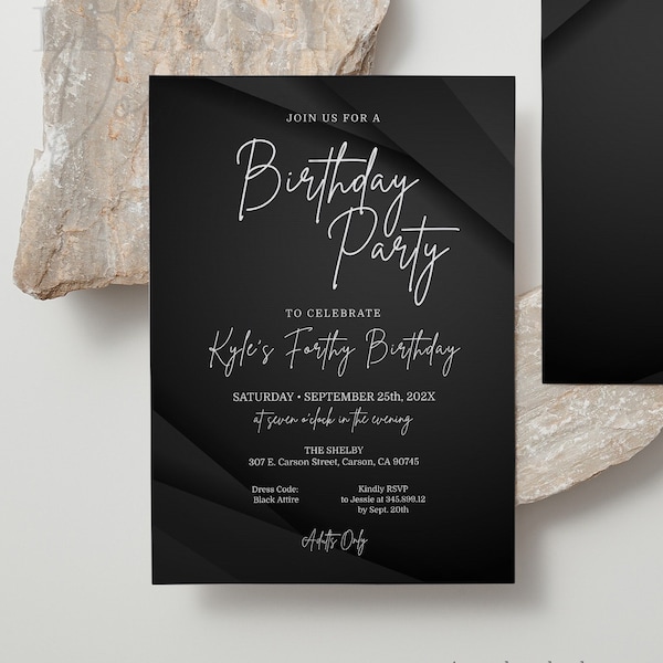 Editable 40th Birthday Invitation, Modern Black Birthday Invitation, for all Ages, White and Black Birthday Invitation Template Corjl - AP6