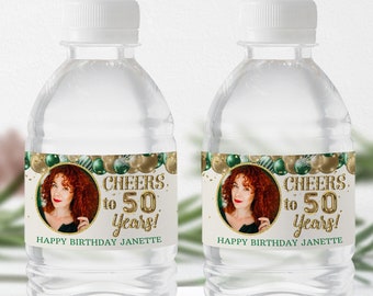 EDITABLE Water Bottle Label Cheers to 50 years, Emerald Green and Gold Balloons, 35th Birthday Water Bottle Label Printable Edit with Corjl