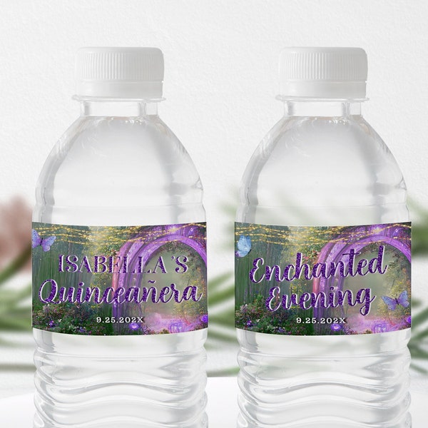 Editable Water Bottle Label for Enchanted Evening Quinceañera Party Decoration, Enchanted Emerald Green Forest with Purple Butterfly