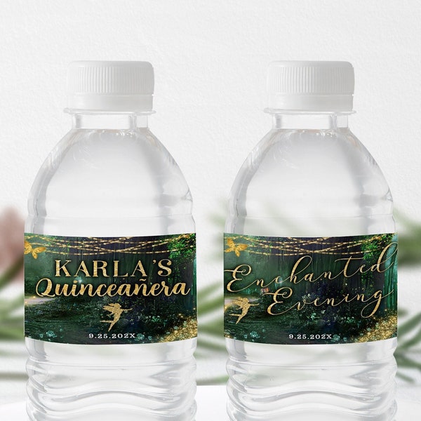 Editable Water Bottle Label Gold and Emerald Green, Enchanted Evening, Quinceañera Party Decoration, Enchanted Forest Gold Glitter Butterfly