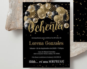 Surprise birthday invitation in Spanish | Spanish Birthday Invitation | Balloons Gold and Black 80th Birthday Invitation Template Corjl AP6