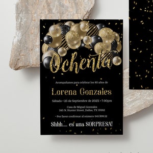 Surprise birthday invitation in Spanish | Spanish Birthday Invitation | Balloons Gold and Black 80th Birthday Invitation Template Corjl AP6
