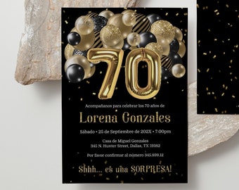 70th Birthday Invitation Template: Gold & Black Balloons (Spanish) (Digital Download)
