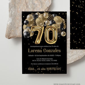 Balloons Gold and Black 70th Birthday Invitation Template | Surprise birthday invitation in Spanish | Spanish Birthday Invitation Corjl AP6