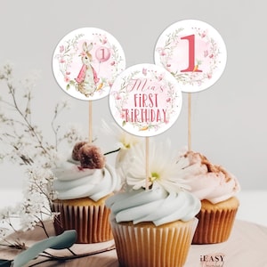 Editable Cupcake Topper 1st Birthday Flopsy Bunny Girl, Some Bunny is ONE, Peter Rabbit Girl First Birthday Party Decor Template KP33