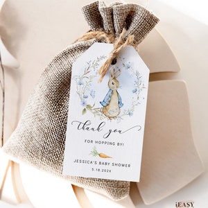Peter Rabbit Baby Shower Boy Favor Tag, A little bunny is on the way baby shower, Blue Wildflower, Editable Thank You Tag with Corjl - BS16