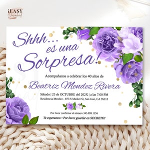 40th Birthday Spanish Invitation Purple Roses Gold Confetti (Editable Template)