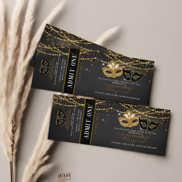 Editable PROM ticket template, Gold and Black Masquerade Evening Soiree, School Dance, A Midnight Masquerade Ticket Templates Corjl AP3