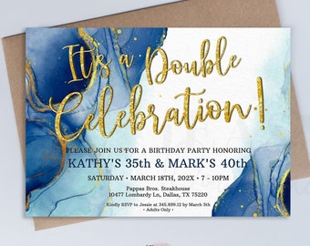 Gold Glitter Double Celebration Invitation Birthday Anniversary Graduation Digital Download