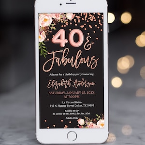 40 and Fabulous Invitation Birthday Evite for Smartphone, Black and Rose Gold Electronic Invite SMS Birthday Rose Gold Confetti All ages AP1