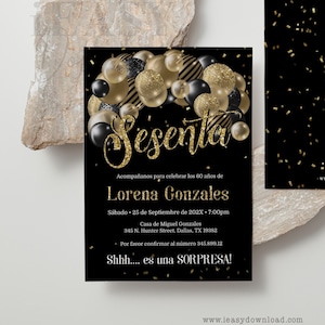 Surprise birthday invitation in Spanish | Spanish Birthday Invitation | Balloons Gold and Black 60th Birthday Invitation Template Corjl AP6