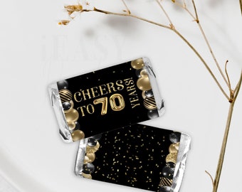 70th Birthday Mini Chocolate Wrapper: Black and Gold Balloons (Instant Download)
