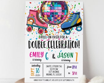 Editable Skate Birthday Party Double Birthday Celebration, Roller Disco Party Birthday Invitation, Rainbow Confetti Sibling Birthday Party