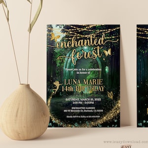14th Birthday Enchanted Forest Invitation, FairyTale Invite, Emerald Green, Gold Butterfly, Enchanted Magical Forest Garden, Editable Corjl