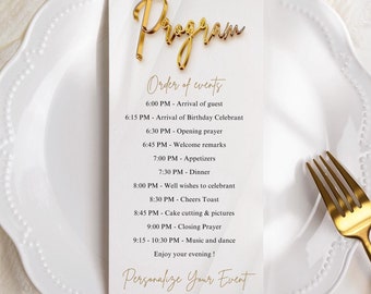Gold Theme Party Program Template: Modern White Affair (CANVA)