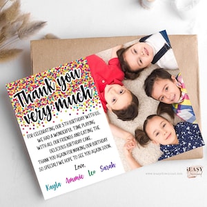 Editable Joint Birthday Party, Quadruple Sibling Birthday Photo Thank You Flat Card, Rainbow Confetti, Siblings Birthday Celebration, DIY