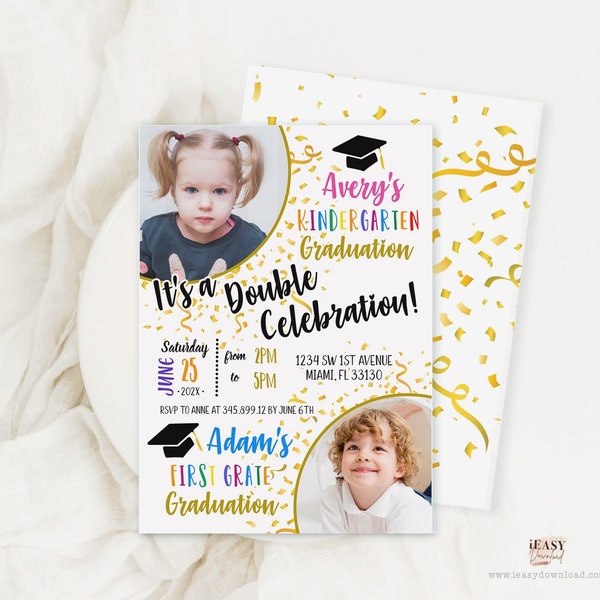 It's a Double Celebration Invitation, Kids Graduation Party or Birthday Party Golden Glitter Confetti, Joint Celebration Printable AP17