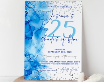 Editable Shades of Blues 25th birthday Silver and Shades of Blue Birthday Invitation Template 20th Birthday Party Invitation Corjl