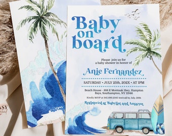 Editable Baby on Board Baby Shower Invitation, Surf Beach Baby Shower Boy Invitation, Summer Baby Shower Printable Template Corjl BS17