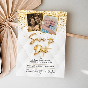Wedding Anniversary Save the Date Invite, White and Gold Invitation, Editable Modern Gold Text Save the Date, Phone Invite template Corjl