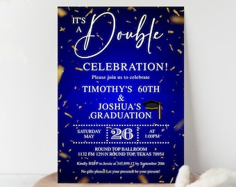 Editable Royal Blue Adult Double Celebration Invitation Double Birthday and Graduation Invite Gold Confetti Joint Birthday Invite Corjl AP6
