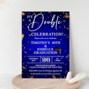 Royal Blue Double Birthday Graduation Invitation: Gold Confetti (Editable)