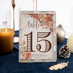 Editable Fall Table Numbers Template, Autumn Table Numbers Fall Leaves, Autumn Birthday Seating Table Card, Floral Fall Sign Corjl AP24