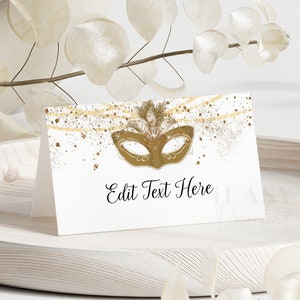 Editable Gold Masquerade | Gold and White Adult birthday Tent Cards | Buffet label Gold Masquerade Theme Birthday Food Label Decor AP3