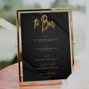 The Bar Table Sign in Gold and Black, Editable Adult Birthday Party Sign, Modern 30th Birthday Menu Sign Template for All Ages Corjl AP6