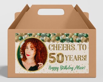 EDITABLE Gable Box Label Emerald Green and Gold Balloons 50th Birthday Party 30th Favor Gift Label Box Printable Template Edit with Corjl