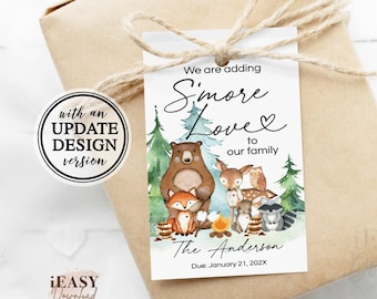 Woodland S'mores Baby Shower Favor Tags: Editable Template (Corjl)
