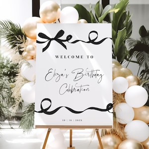 Modern Bow Welcome Sign Party Decoration, Black Ribbon Welcome Poster Coquette Black Bow Entrance Sign Trendy Sign Poster Template Editable