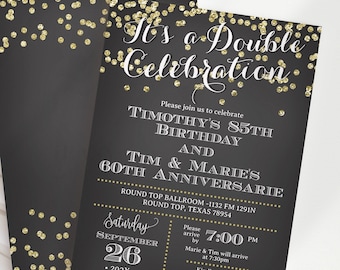 Gold Glitter Double Celebration Invitation Adult Birthday Anniversary Editable Template