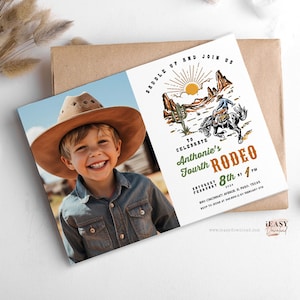 Editable FOURTH Birthday Rodeo for Boy, Wild West Cowboy 4th Birthday Cactus Cowboy Hat Country Western Photo Invitation Template Corjl KP36
