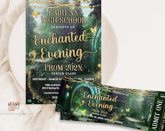 Editable PROM Invitation Enchanted Evening with Ticket Templates, School Dance Enchanted Forest Invite, Enchanted PROM Emerald Green Corjl