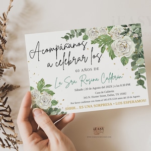 Editable Greenery Roses and Eucalyptus, 60th Birthday Spanish Invitation, Surprise Greenery Birthday Party Invite Template for All Ages AP30