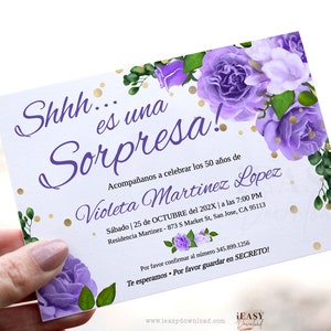 Purple Roses Birthday Invitation: Spanish Fiesta Sorpresa (Editable with JetTemplate)