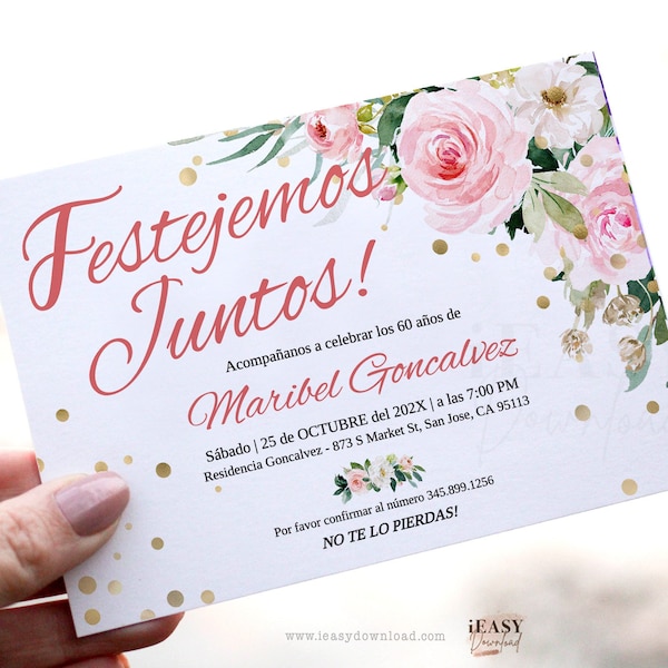 Spanish 60th birthday invitation, Festejemos Juntos 60th Birthday Invite, Floral Pink Roses with Gold Confetti Editable Invitation AP18