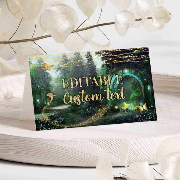 Editable Enchanted Forest Food Tent Card, Emerald Green Place Cards, Enchanted Evening Tent Cards, Enchanted PROM Card, Table Card Corjl