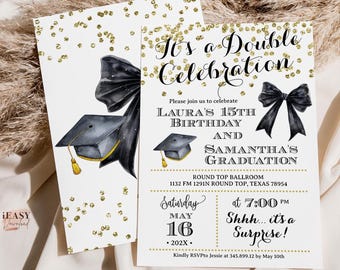 Gold Glitter Double Celebration Invitation: Birthday & Graduation (Digital Download)