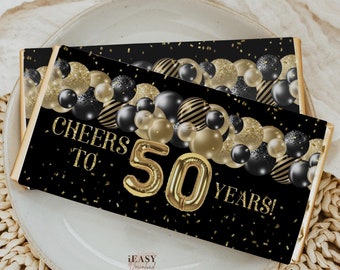 50th Birthday Chocolate Wrapper: Black and Gold Balloons (Digital Download)