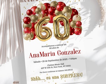 Balloons Red and Gold 60th Birthday Invitation Template | Surprise birthday invitation in Spanish | Spanish Birthday Invitation Corjl AP28