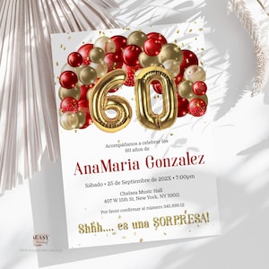 Balloons Red and Gold 60th Birthday Invitation Template | Surprise birthday invitation in Spanish | Spanish Birthday Invitation Corjl AP28