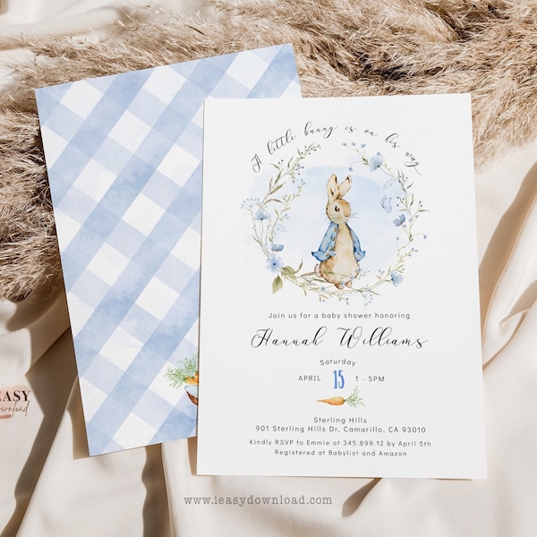 A little bunny is on the way baby shower invitation, Peter Rabbit baby shower for Boy, Baby shower Invite, Butterfly, Edit Corjl - BS16
