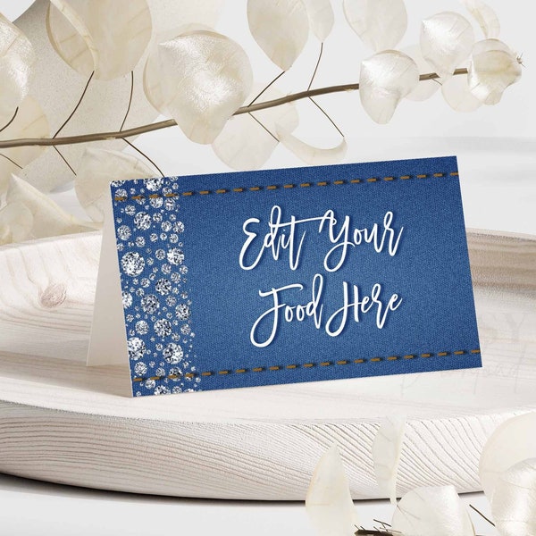 Editable Denim and Diamonds Birthday Party, Place Card Food Names, Blue Jeans, Place Cards Template, Table Cards Food Tent Cards  AP25