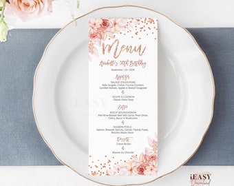 Editable Menu Card Template, Pink Floral with Rose Gold Confetti, Dinner Menu Card Printable Floral Menu Card Table Menu Printable Corjl AP1