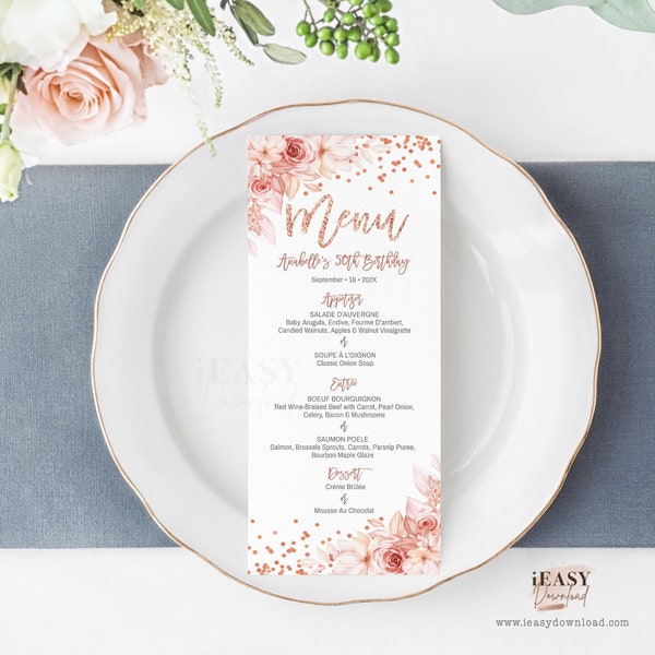 Editable Menu Card Template, Pink Floral with Rose Gold Confetti, Dinner Menu Card Printable Floral Menu Card Table Menu Printable Corjl AP1