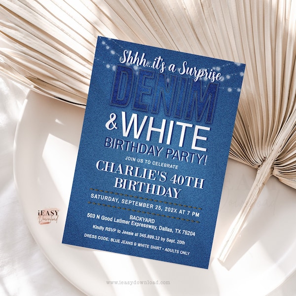 Surprise Birthday Invitation for Men, Denim and White Birthday Party, Navy Blue Themed, Blue Jeans, 40th Birthday Invitation Template AP25